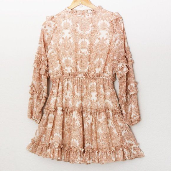 Moon River Women's M Paisley Print Tan Beige Tiered Ruffle Boho Mini Dress $118 - Picture 3 of 16